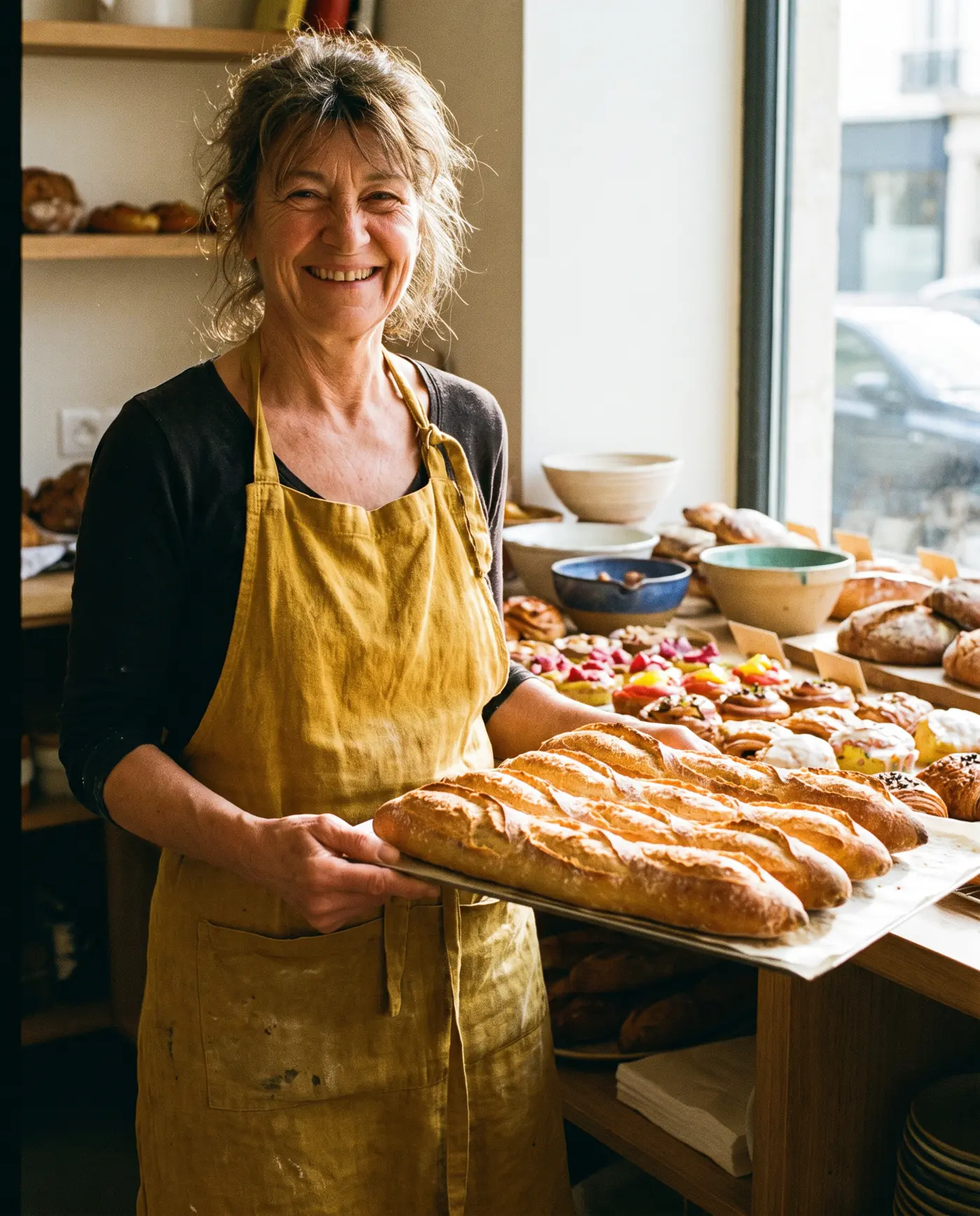 Une boulangère souriante tient un plateau de baguettes
