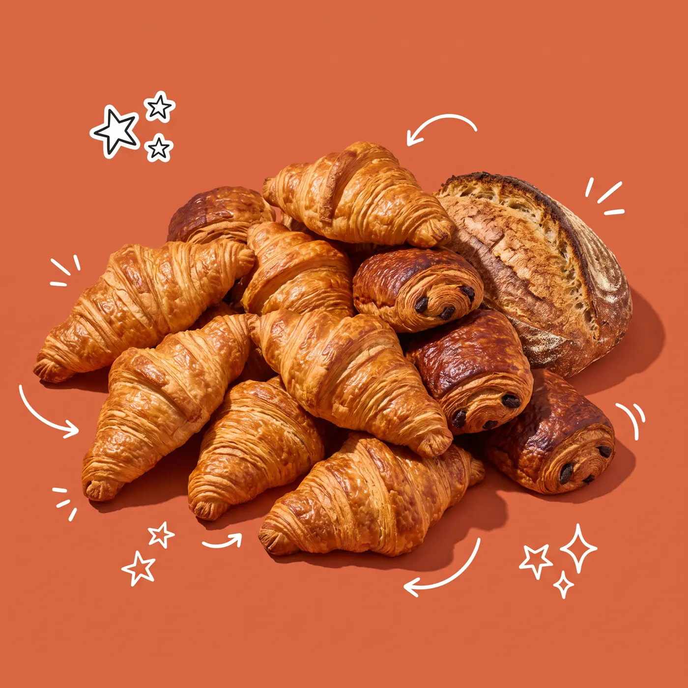 Croissants, pains au chocolat et miche au levain sur fond terracotta