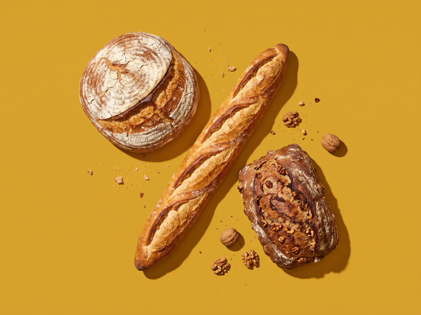 Une miche, une baguette et un pain aux noix sur fond moutarde
