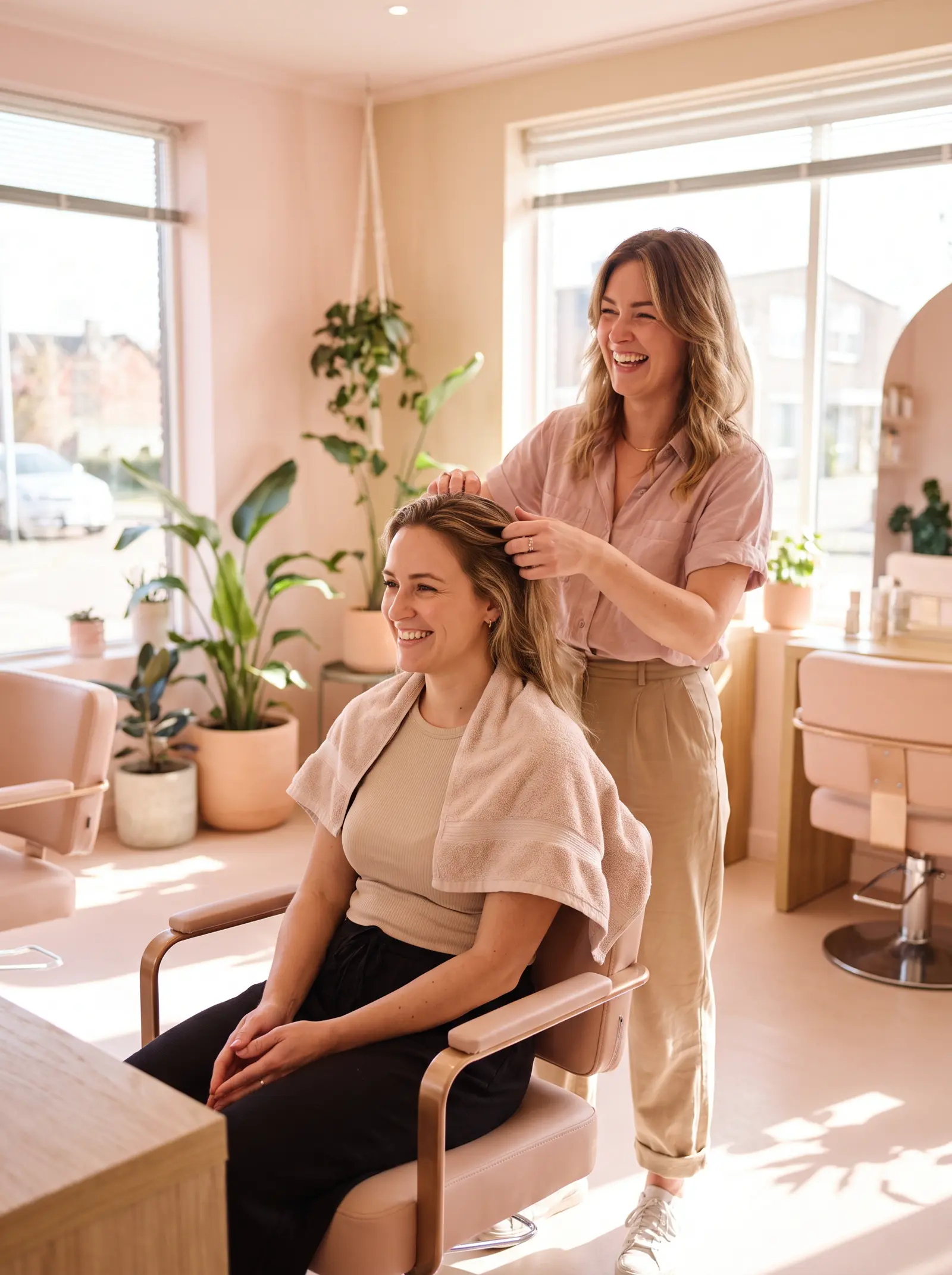 Une coiffeuse et sa cliente rient pendant la coupe