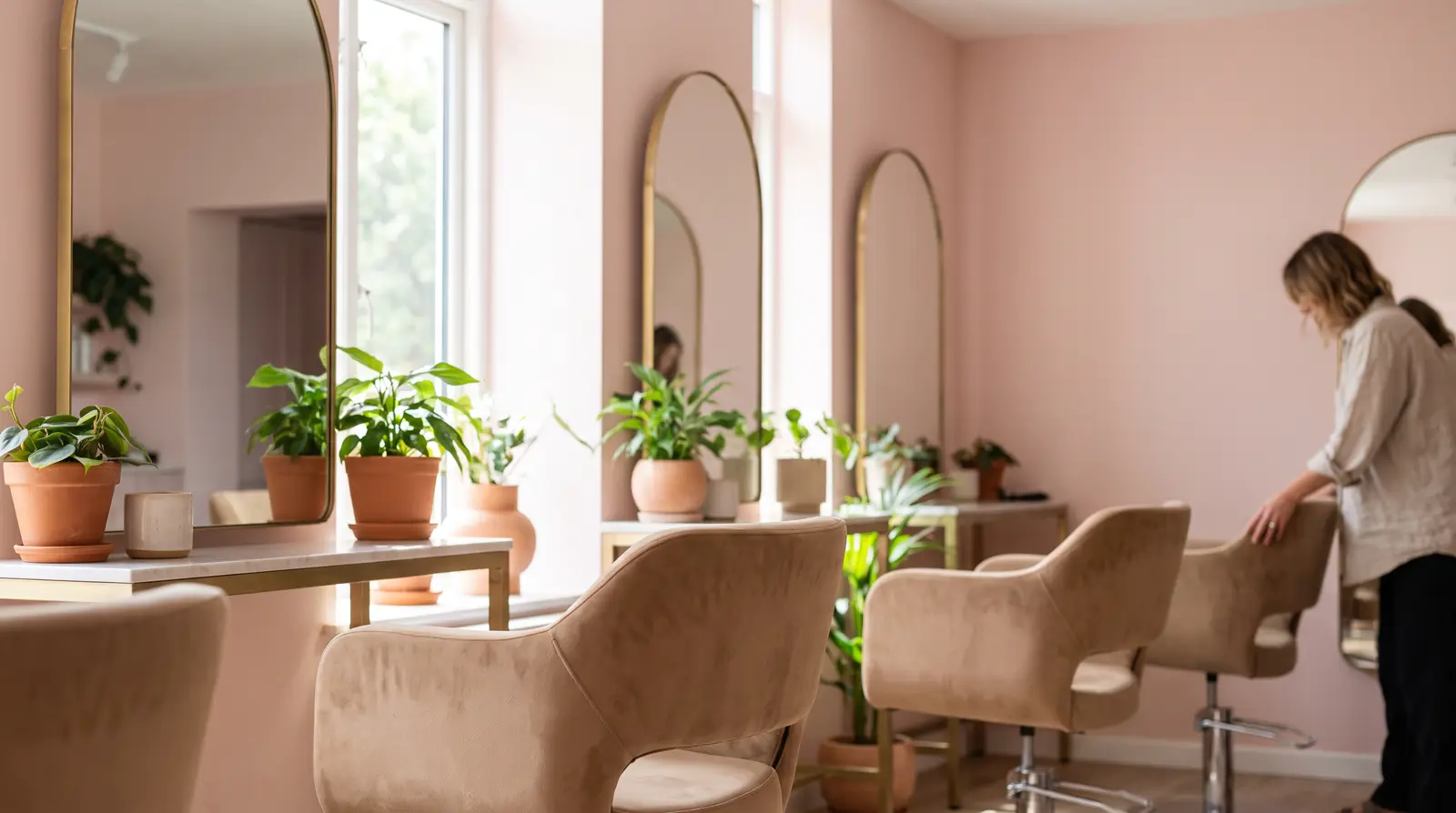 Le salon, murs rose poudré, fauteuils en velours et plantes