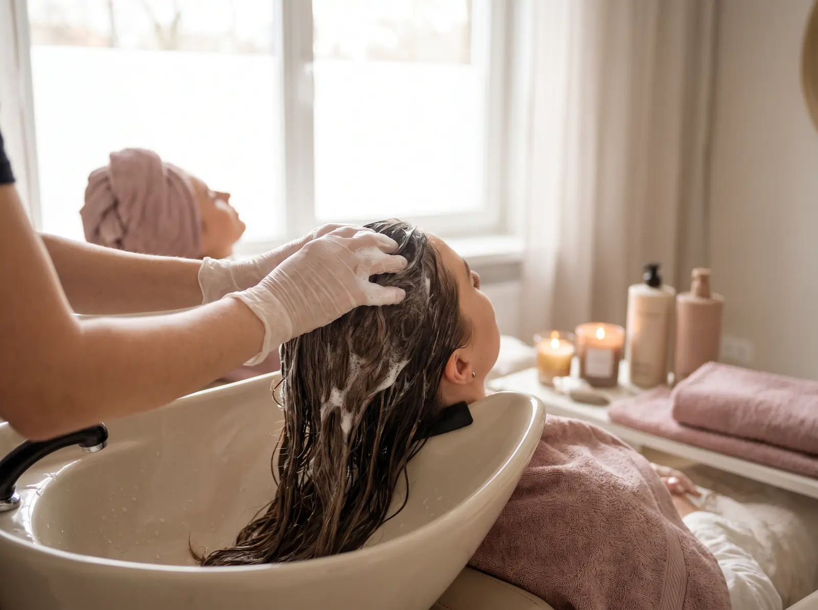 Un shampoing soin au bac, ambiance spa