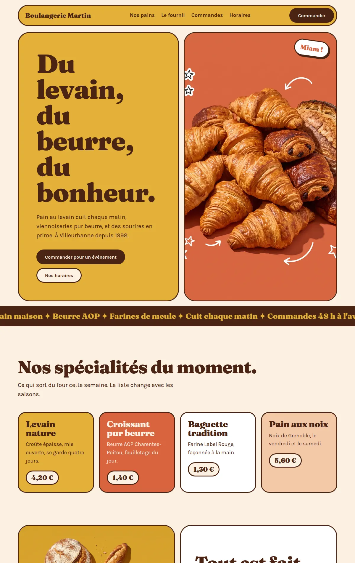 Site de démonstration d'une boulangerie : style éditorial, commandes en ligne