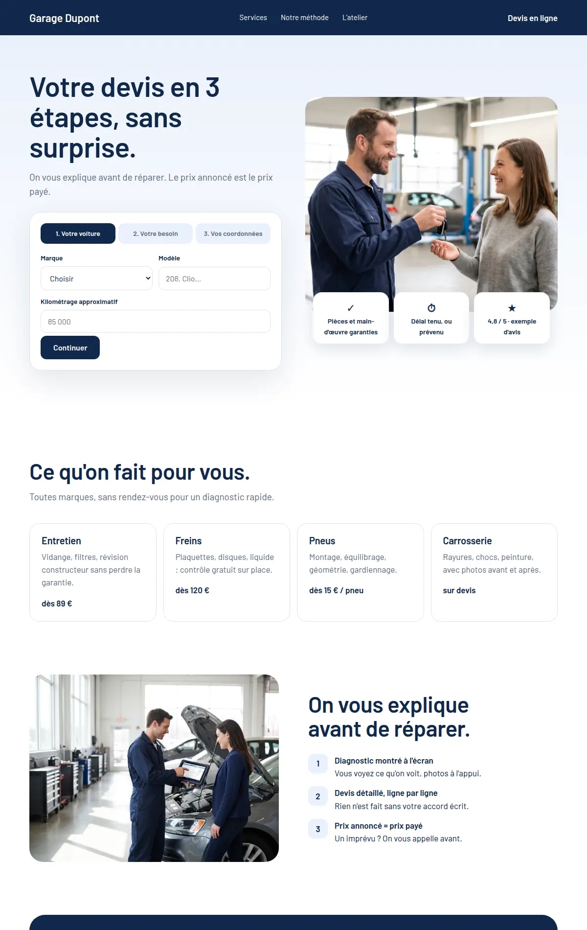 Site de démonstration d'un garage : devis en trois étapes